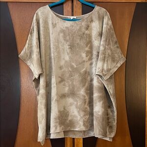 Easel Tan & Cream Tie-Dye Tunic Top w/Dolman Short Sleeves-Boat Neck-Back Pleat